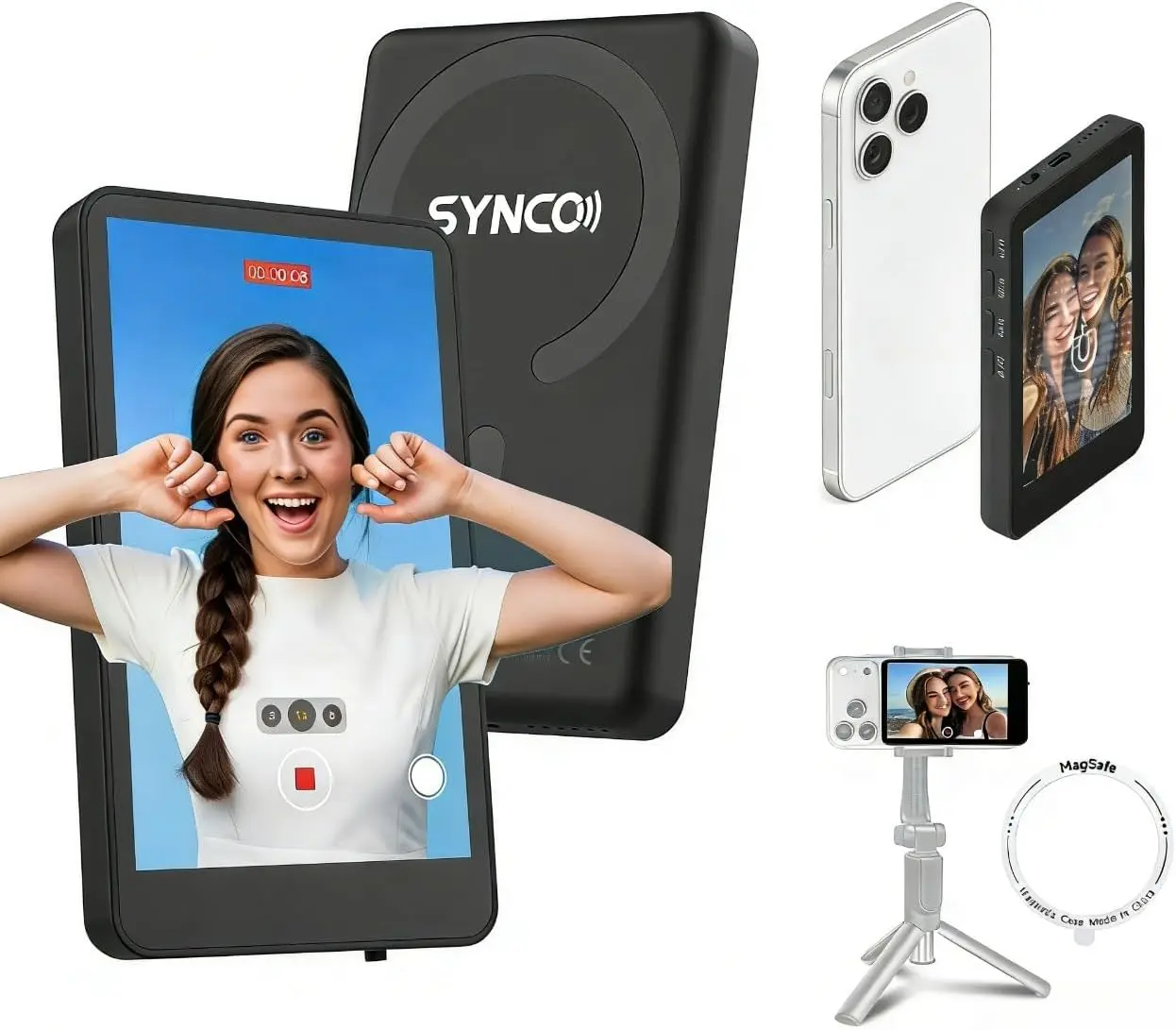 SYNCO XView M4 Selfie Monitor Screen，Magnetic for Phone Vlogging, Mirroring Connection, MagSafe Install, 10m Wireless Control