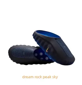 Black-Blue Gradient Mule Slides, Gold Accent, Silver-Grey Cushioning Massage Outsole, Perforated Upper, Futuristic Tech Slides