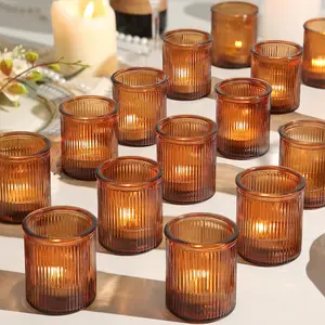 36pcs Amber Ribbed Glass Votive Tea Light Candle Holders for Wedding Centerpiece & Home Decor