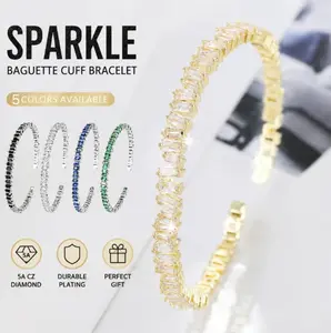 Sparkling Baguette Zircon Open Cuff Bracelet for Women - Adjustable Gold Plated Crystal Bangle, Fashion Wedding Party Jewelry Gift