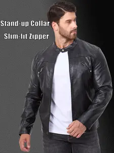 Men's Stand Collar Motorcycle Leather Jacket, Slim Fit Zipper Workwear Style Vintage Genuine Leather Coat