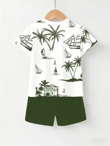 Boys' Summer Casual Daily Wear Set, Hawaiian Print Short Sleeve T-Shirt & Shorts, Outdoor Sports Beachwear, Geometric Pattern