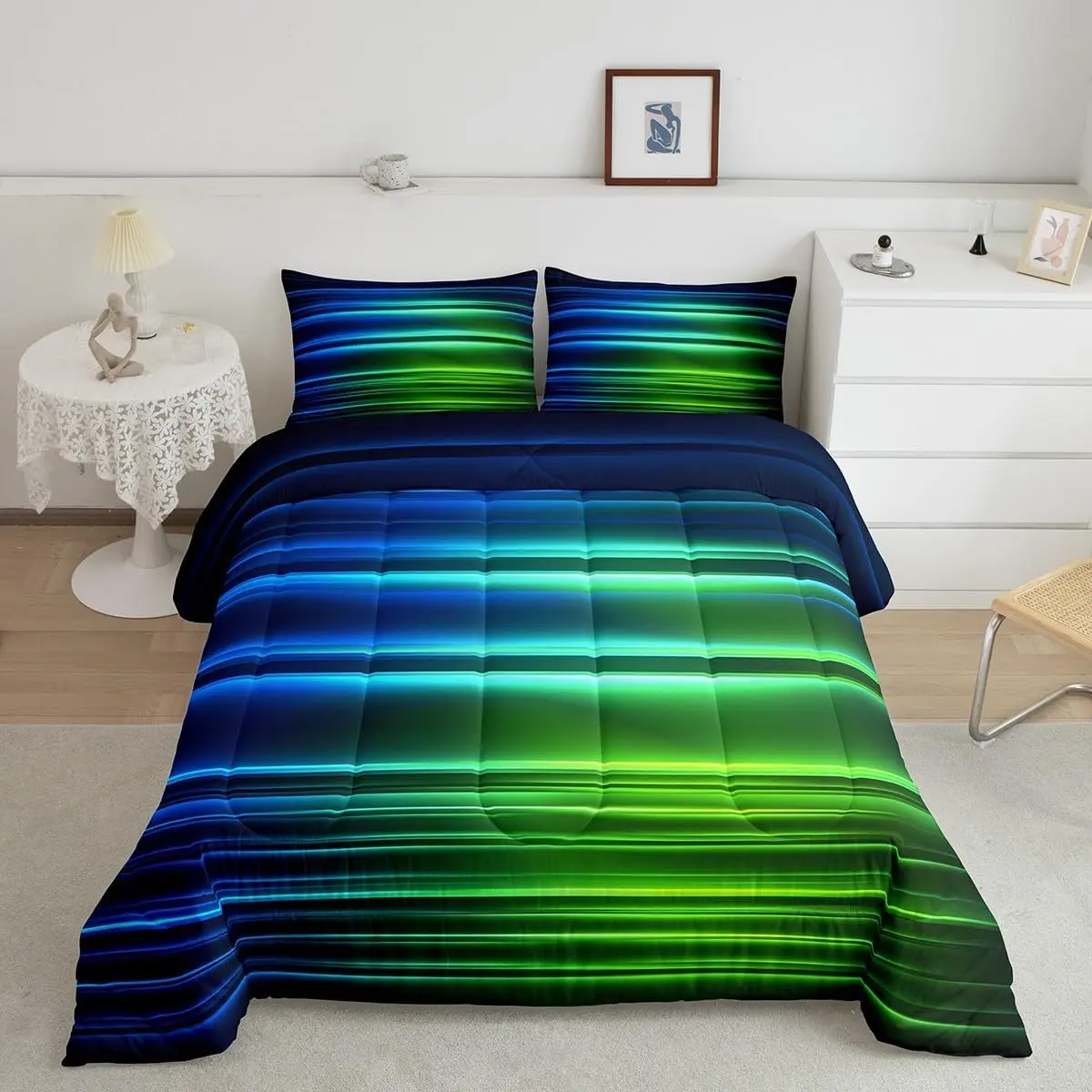 Feelyou Durable Luxury Digital Print 3D Emboss Duvet Set - Queen, Soft, Breathable, Skin-Friendly, Warm, Machine Washable, Abstract Geometric Blue Green & Black Gradient Ombre Lines, Modern Bedroom Artistic Design, Multi-Size Bedding