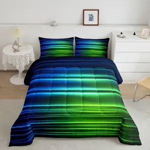 Feelyou Luxury Geometric Ombre Pattern Bedding Set - Blue Green and Black Gradient Lines Comforter, Duvet Set