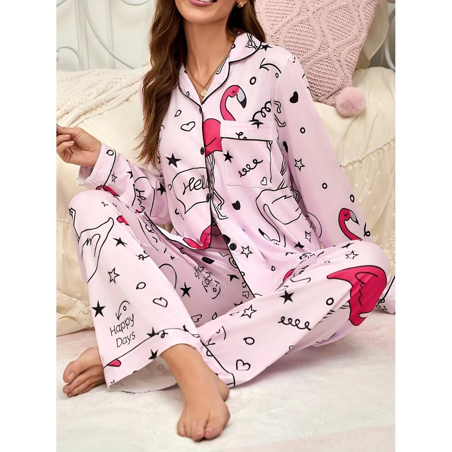 2pcs Set, New Autumn/winter Women's Casual Pajama Set with Little Swan Digital Print, Long-sleeved Button- Lapel Top & Long Pants, Comfortable and Loose-fitting for Autumn/winter Seasons