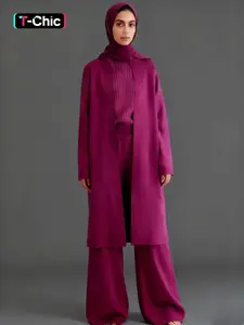 Modest Fashion Simple Knitted Turtle Neck Tank Top and Wide Leg Pants Set with Long Open Cardigan Three Piece Set, Casual Fall & Winter, Modesty