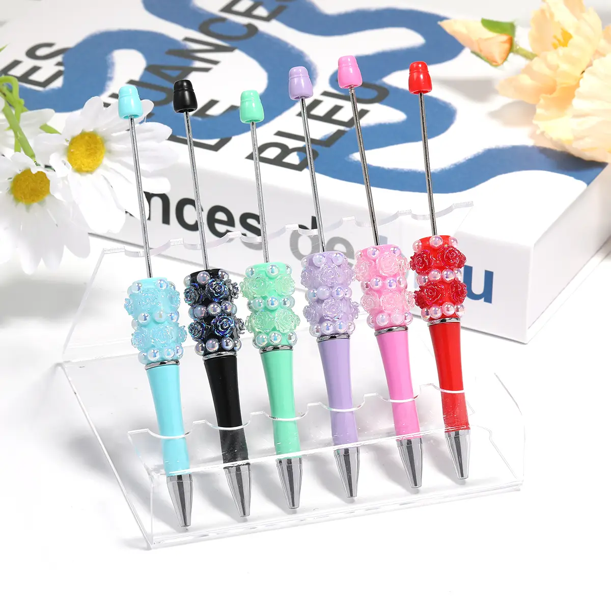 【P206】5pcs Beadable Pens pearl flower shape