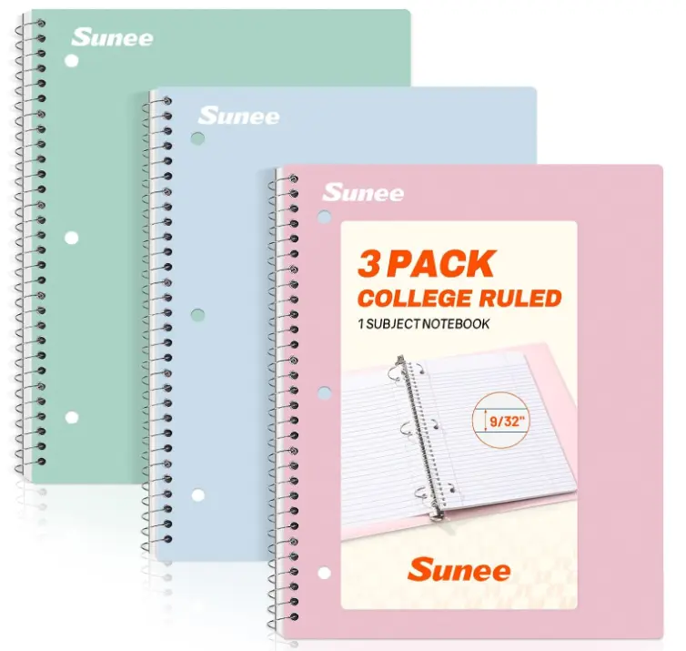 SUNEE Spiral Notebooks, 3 Pack, 1-Subject, College Ruled Paper, 8" x 10-1/2", 70 Sheets per Notebook, Assorted Pastel Colors Spiral Notebooks for School