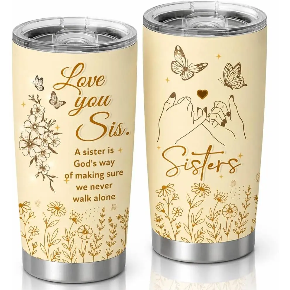 20oz Sister Tumbler with Lid, Stainless Steel Insulated Travel Cup, Love You Sis Butterfly Flower Design, Mother’s Day Birthday Gift for Sister from Sister Brother