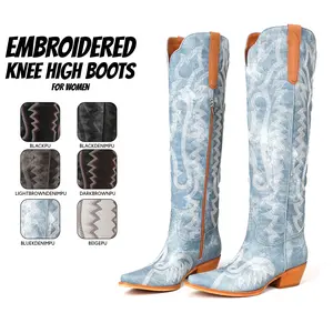 Womens Cowboy Boots Knee High Denim Boot Pointed Toe Chunky Block Heel Side Zipper Closure Comfy Wide Calf Easy Pull on Party Country Wedding Festival Long Tall Classic Western Dressy Cowgirl Shoes