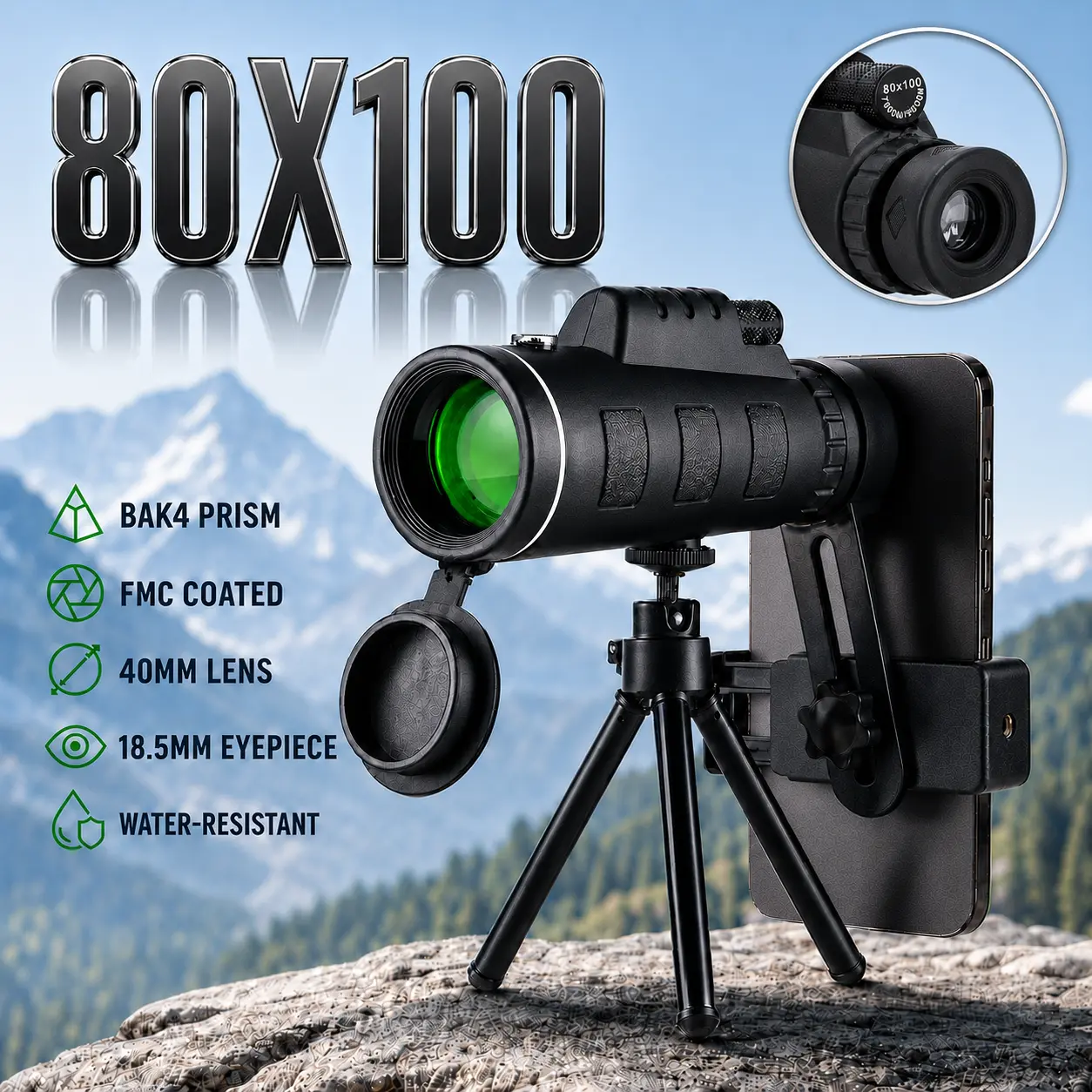 80X100 High Power Monocular Telescope for Adults with BAK4 Prism, FMC Lens, Tripod, Smartphone Adapter, Abs Rubber, Adjustable Eye Cup, Lightweight Waterproof for Birdwatching, Outdoor Sports