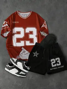 Men's 2-Piece Basketball Set with '23' Print and 'genius' Slogan, Vintage Street Style, Quick-Dry Mesh Fabric, Summer Fashion
