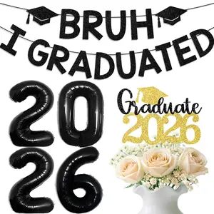 2026 Graduation Party Decorations Set - Black Gold Glitter "BRUH I GRADUATED" Banner, 2026 Number Foil Balloons, "Graduate 2026" Sign for Class of 2026 Graduation