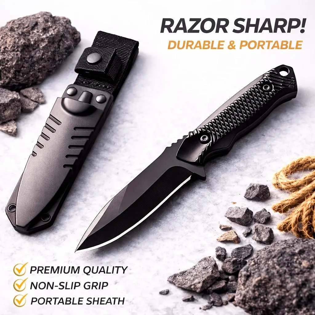 Full-Tang Hunting Knife with Textured Grip & Heavy-Duty Sheath - 7" Tactical Blade for Skinning, Rope Cutting | Outdoor Survival Fixed Knife for Campers & Hunters | Anniversary Gift Set with Secure Snap