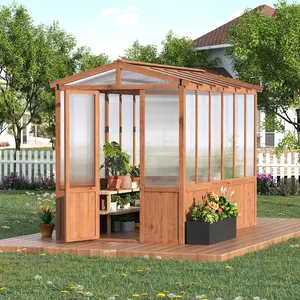 6x10FT Walk-in Outdoor Greenhouse Featuring Sturdy Cedar Wood Frame & Clear Polycarbonate Panels, Built-in Roof Vent for Optimal Airflow, Ideal Wooden Greenhouse for Year-Round Gardening
