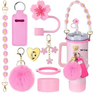 Cup Accessories for 30oz & 40oz Tumbler with Handle, 8 Counts/set Including Handle Strap & Bottle Bottom Cover & Keychain Charms & Straw Topper Cover Cap, Party Gift