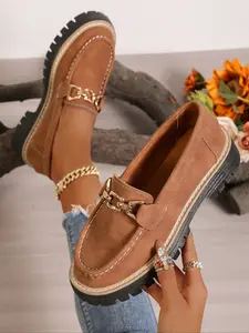 Women's Fashion Thick Sole Loafers, PU Leather Loafers, Trendy Metal Buckle Decorative Shoes, Comfortable Soft Bottom Casual Flats, Breathable & Lightweight