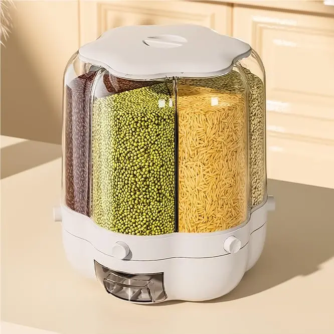 CNCEST Rotating Dry Food Dispenser - High-Capacity Airtight Containers, Portion-Controlled Kitchen Canister with White Lid for Rice, Grains, Cereal, Flour