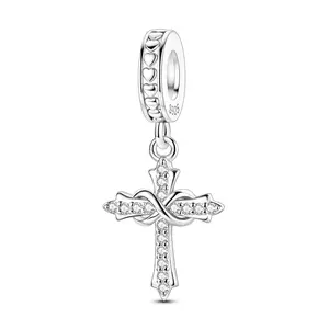 MULA 925 silver cross heart pendant with white gold plating and zircon - religious symbol of faith, love and protection, suitable for Pandora bracelets and necklaces - gift for women and girls