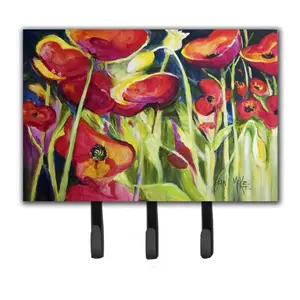 212 MAIN Red Poppies Leash & Key Holder Hanger - 6x2x9 Inches Metal Hook, Hardboard Tile Home Decor Wall Hook for Room Organization