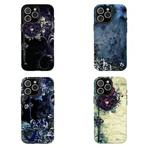 Dark Blue Ornate Heart & Key Phone Case, Gothic Floral Skull Design Cover For iPhone 11 12 13 14 15 16 17 Pro Max For Samsung S26 S25 S24 S23 S22-Gift For Her/Him/Fans