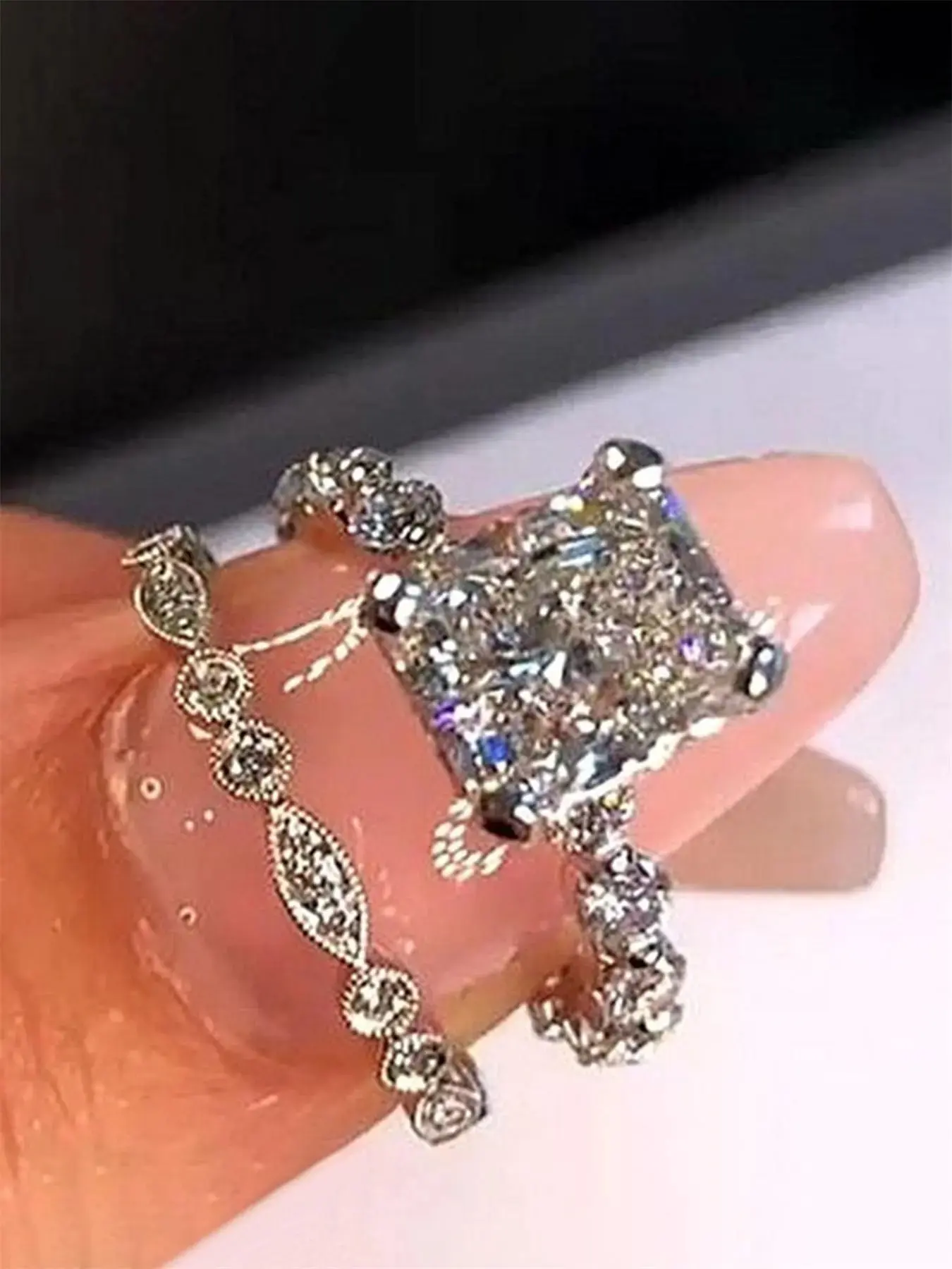 Women's Elegant Rhinestone Decorated Copper Rings, 2pcs/set Fashion Gorgeous Rings Engagement Wedding Jewelry for Wedding Party, Engagement Gift for Women, Princess Ring, Beautiful Rings