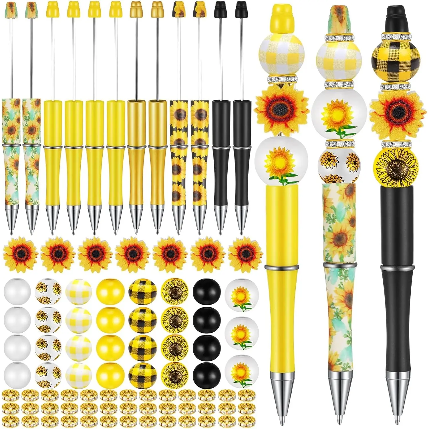 89pcs ballpoint pen set DIY jewelry making set including 12 pens, 38 beads, 39 spacer beads, office and school craft supplies, black ink ballpoint pen, sunflower grid print, beaded pen, free combination set, Pen Kit, Unique Pens, Aesthetic Pens