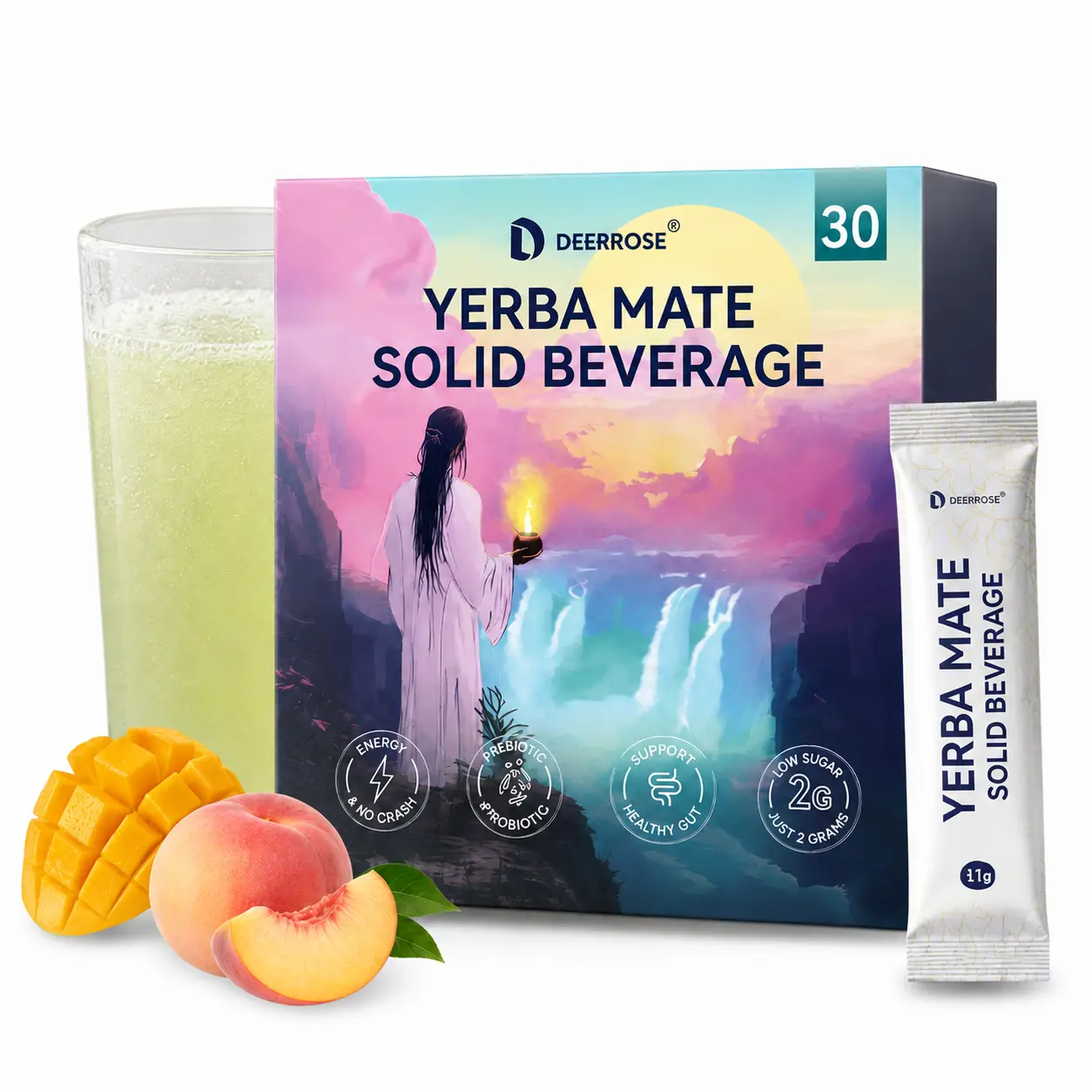 Organic Yerba Mate Extract Supplement Packets with Lion’s Mane Mushroom, Prebiotics Probiotics & L-Theanine, Natural Calm Energy Focus Support, Gut Health Fiber Powder, 30 Servings, Allergen Free (Gluten, Egg, Nut, Fish Free)