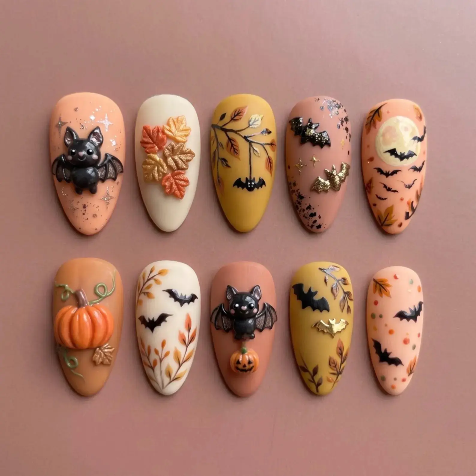 Halloween Press-On Nails, Cute Bat-Kawaii Pumpkin-Moon Designs, Autumn Leaves Spooky Fall Aesthetic Whimsical Nail Art Decorations
