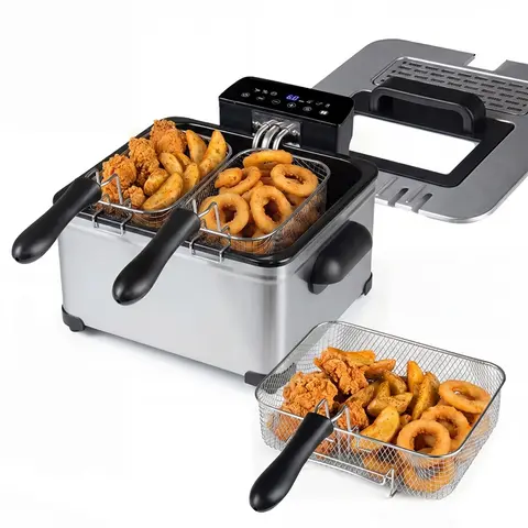 COSTWAY Deep Fryer w/Touch Screen, 3.2Qt/5.3Qt Electric Fryer, 1700W, Silver/Black Countertop Deep Fryer with Basket, Stainless Steel, 6 Presets, Enamel Oil Tank, Viewing Window, Anti-Grease Filter & Timer