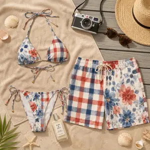 Matching Couple Swimwear Set, Floral & Plaid Bikini and Trunks, His & Hers Honeymoon Outfit, His & Hers Floral Plaid Bathing Suits, Matching Couples Beachwear, Summer Vacation Swim Set