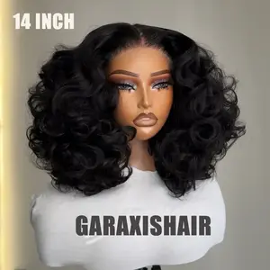 GARAXIS Heat Resistant 13x4 Lace Front 1B Color Loose Wave Short Bob Wig, Pre-Plucked With Baby Hair, 250% Density Synthetic Wig, Heat Resistant Wig