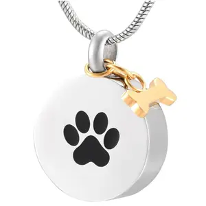Round dog paw small bone pet urn pendant necklace stainless steel necklace pendant perfume bottle pendant unisex pet memorial