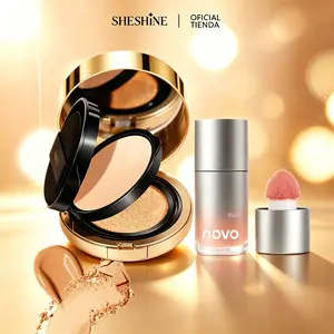 【L】NOVO Face Makeup Set, Moisturizing Liquid Blush + 2-in-1 Cushion Foundation and Compact Powder with Spot Corrector, Daily Cosmetic Kit for Women, Natural Makeup