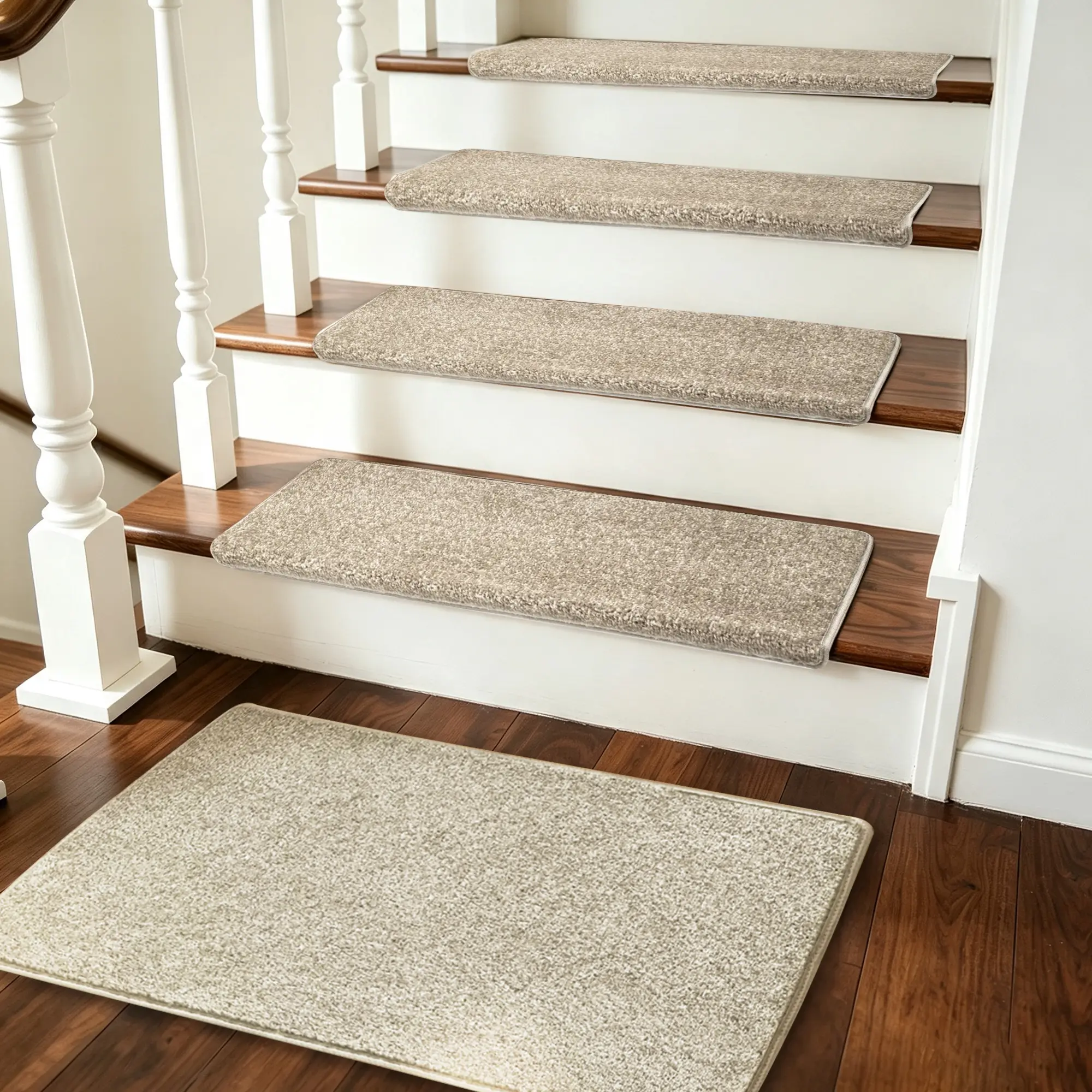 14+1 PCS Non Slip Bullnose Stair Tread Rug Set, Noise Reduction Stair Mats, Soft Stair Protector with Landing Block Rug, Self Adhesive Tape Free 9.5"x30",Safe for Kids, Pets and Elderly, Indoor Wooden Stair Decoration Modern Indoor Area Rug
