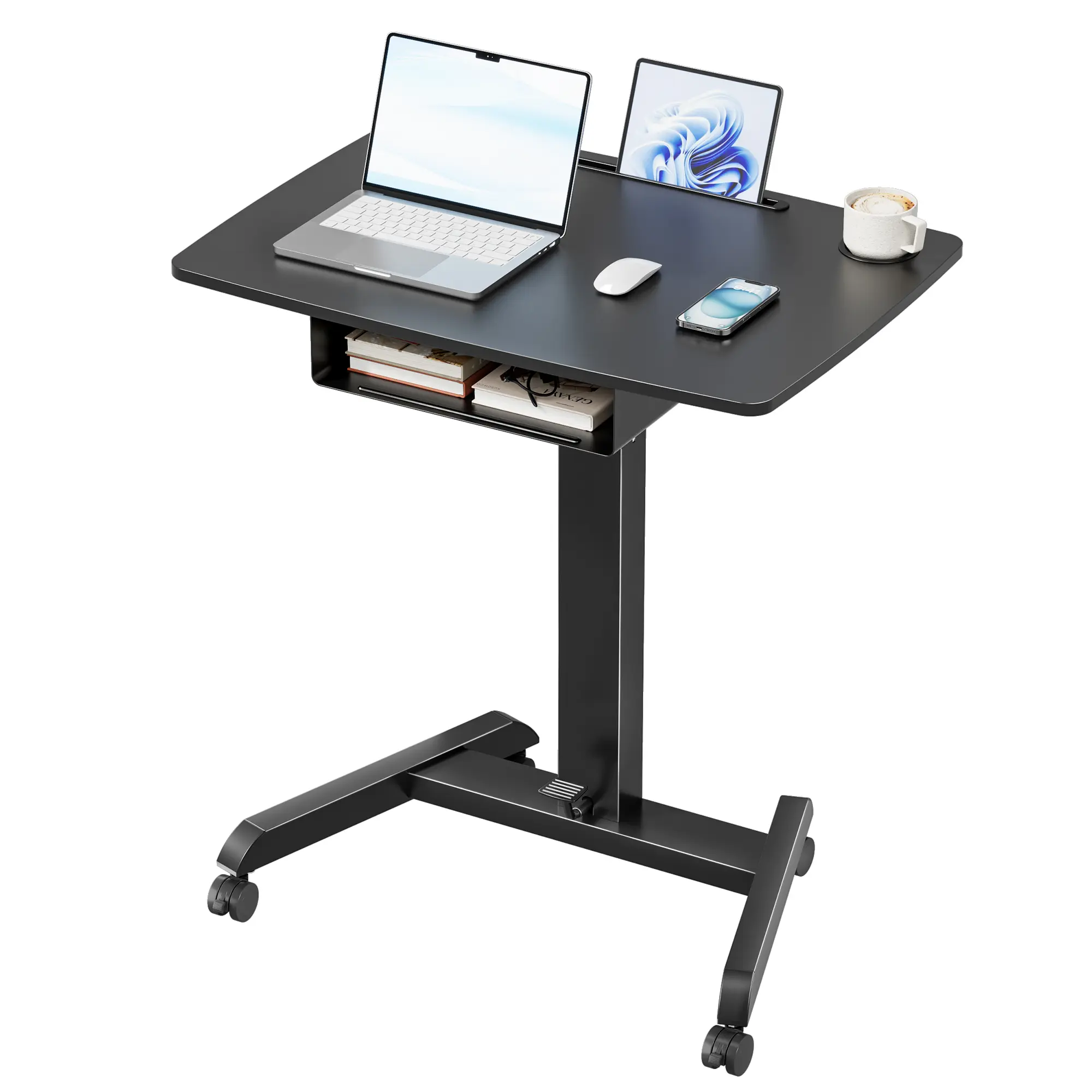 Pegzone Height-Adjustable Mobile Standing Computer Desk with Adjustable Height Display, 31.5"l×22"w, Gas Spring Tested, 25% More Space, Rolling Wheels, Drawer, for Teachers, Home Office, Black, Standing Desk, Foot Pedal tiktokshopbacktoschool