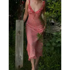 Women’s plaid print dress — an elegant, fashionable, casual sleeveless dress for everyday outdoor wear; a women’s summer dress.