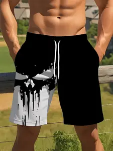 Men's Skull Print Summer Beach Shorts Swimming Trunks, Adjustable Drawstring Waist, Casual Fitted Style for Beach & Summer Outings, Swimwear Shorts, Swim Bottoms