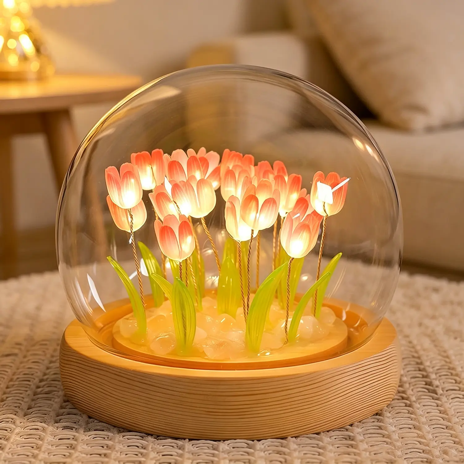 DIY Tulip Glass Dome LED String Night Light Kit (10x10cm Glass-Wood Craft, Adhesive Floating Shelf Compatible), Indoor Ambient Glow Bedside Lamp with Gift Bag, Mom Romantic Bedroom Accessories, Birthday Memorial Gift, Aesthetic Room Decor, Leaves