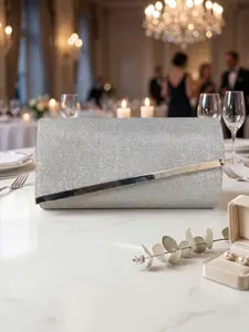 Women's Silver Color Glitter Clutch Bag, Diagonal Metal Trim, Elegant Envelope Evening Purse for Weddings, Parties, Proms
