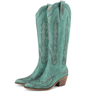 RONILURN Women's Knee-High Embroidered Western Cowgirl Boots - Pointed Toe, Chunky Heel, Pull-On, Fringe, Shoe, Footwear for Country Concerts, Festivals