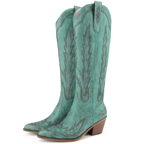 RONILURN Women's Western Cowgirl Boots - Embroidered Knee-High Fabric-PU Leather Footwear with Chunky Block Heel, Fringe - Shoes for Women, All Seasons, for Cowgirl Style, Casual Festival Wear