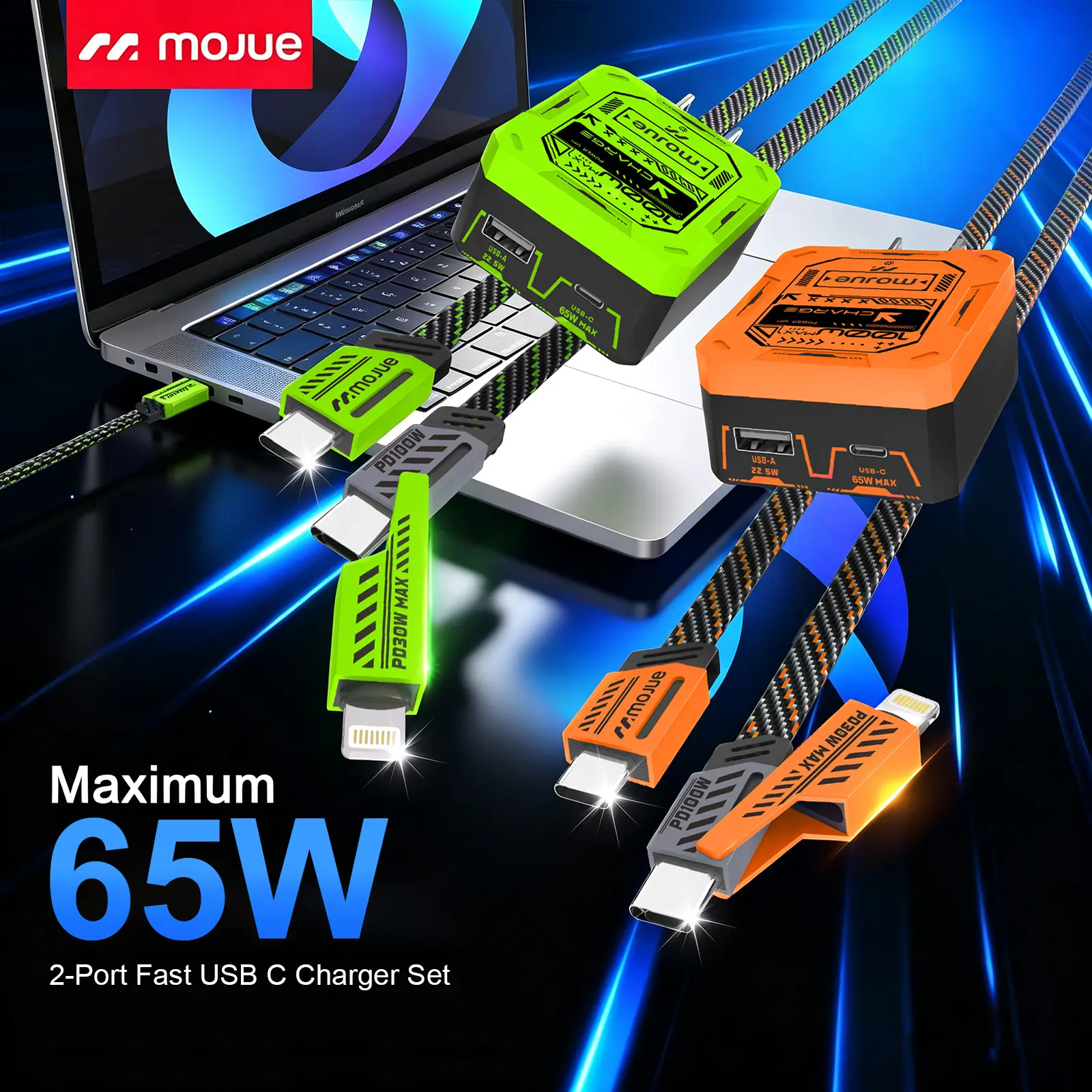 2-Pack MOJUE 100W Portable Durable Laptop Charger Set, USB Dual Power Wall Charger with Dual C & A Ports, 3-in-1 Mecha Style Braided Cable for MacBook, iPhone 17/16/15, Mobile Samsung Galaxy Devices (with connection support)