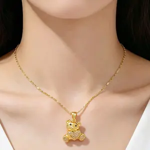 Gold Plated Teddy Bear Necklace for Women Cubic Zirconia Heart Bear Pendant Cute Animal Chain Dainty Jewelry Gift for Girls Elegant and Playful Design