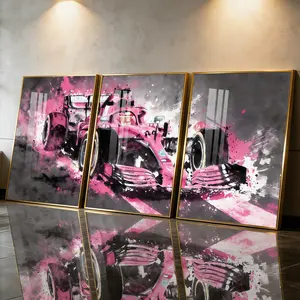 3Pcs Aluminum Alloy Framed Painting, Pink Racing Car Speed Art Picture, Home Decoration For Living Room, Bedroom, OfficeWall Decor, Odorless Print Artwork, Luxury Perfect Gift For Friends And Family