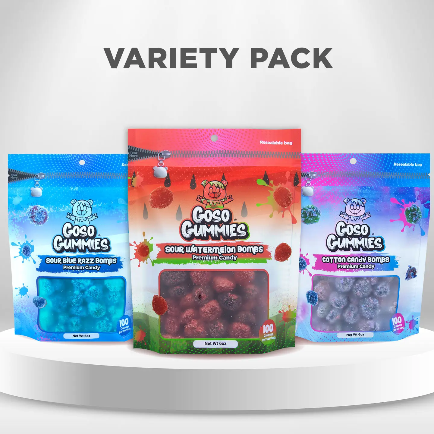 Goso Gummies Sour Blue Razz Bombs 6oz + Sour Watermelon Bombs 6oz + Sweet Cotton Candy Bombs 6oz - 18 Ounce Bundle - Sweet and Sour Gushers Candy