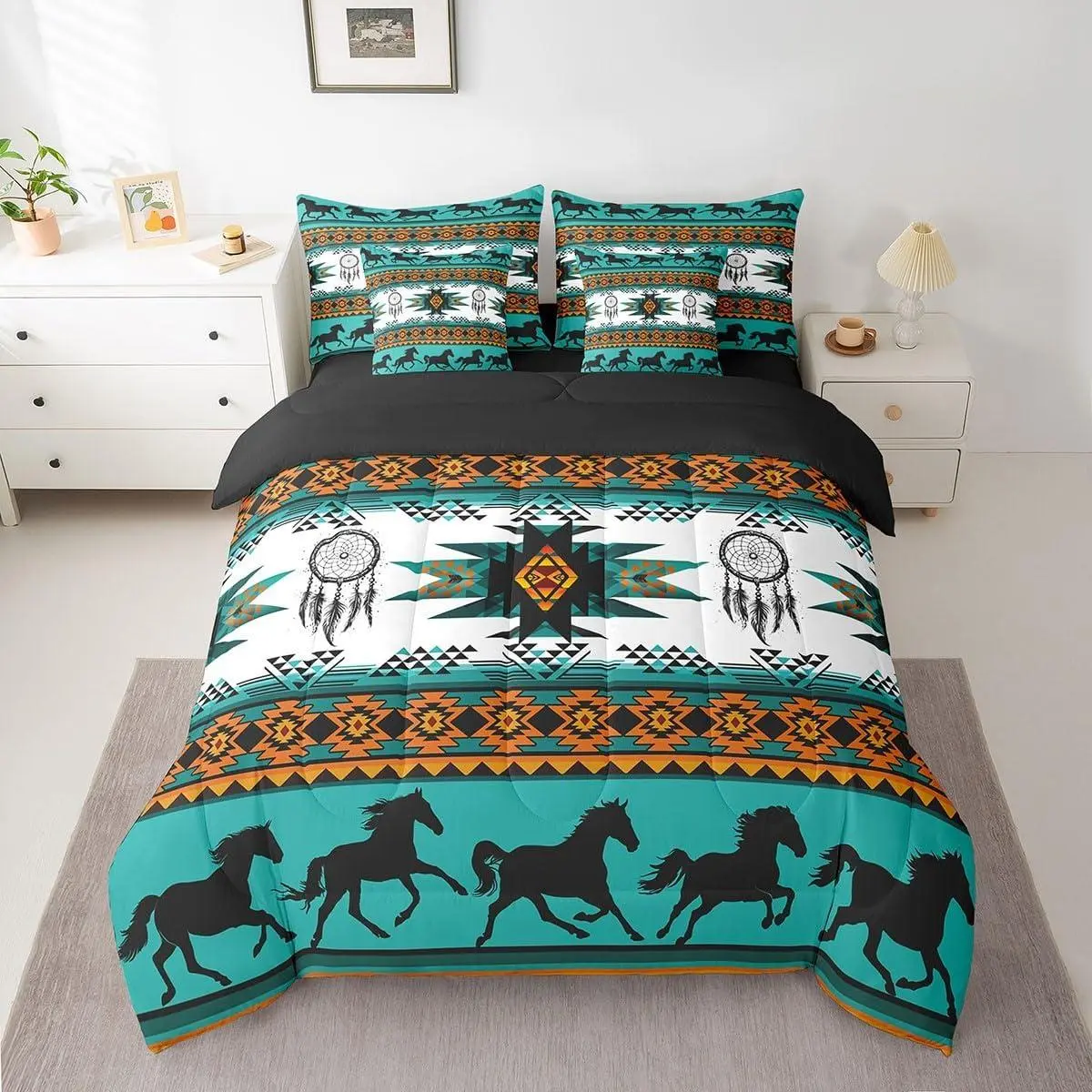 Boho Comforter Set with Sheets Southwestern Native Aztec Bed in a Bag Bohemian Dream Catchers 7 Pieces Bedding Set Horses Bed Set Room Decor Teal