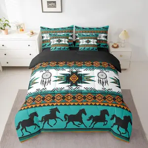 Boho Comforter Set with Sheets Southwestern Native Aztec Bed in a Bag Bohemian Dream Catchers 7 Pieces Bedding Set Horses Bed Set Room Decor Teal