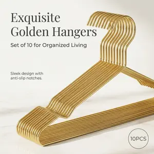 10pcs Gold Metal Clothes Hangers, Non-Slip Heavy-Duty Wire Coat Hangers, Anti-Rust Slim Space-Saving Hangers for Wardrobe & Closet Storage