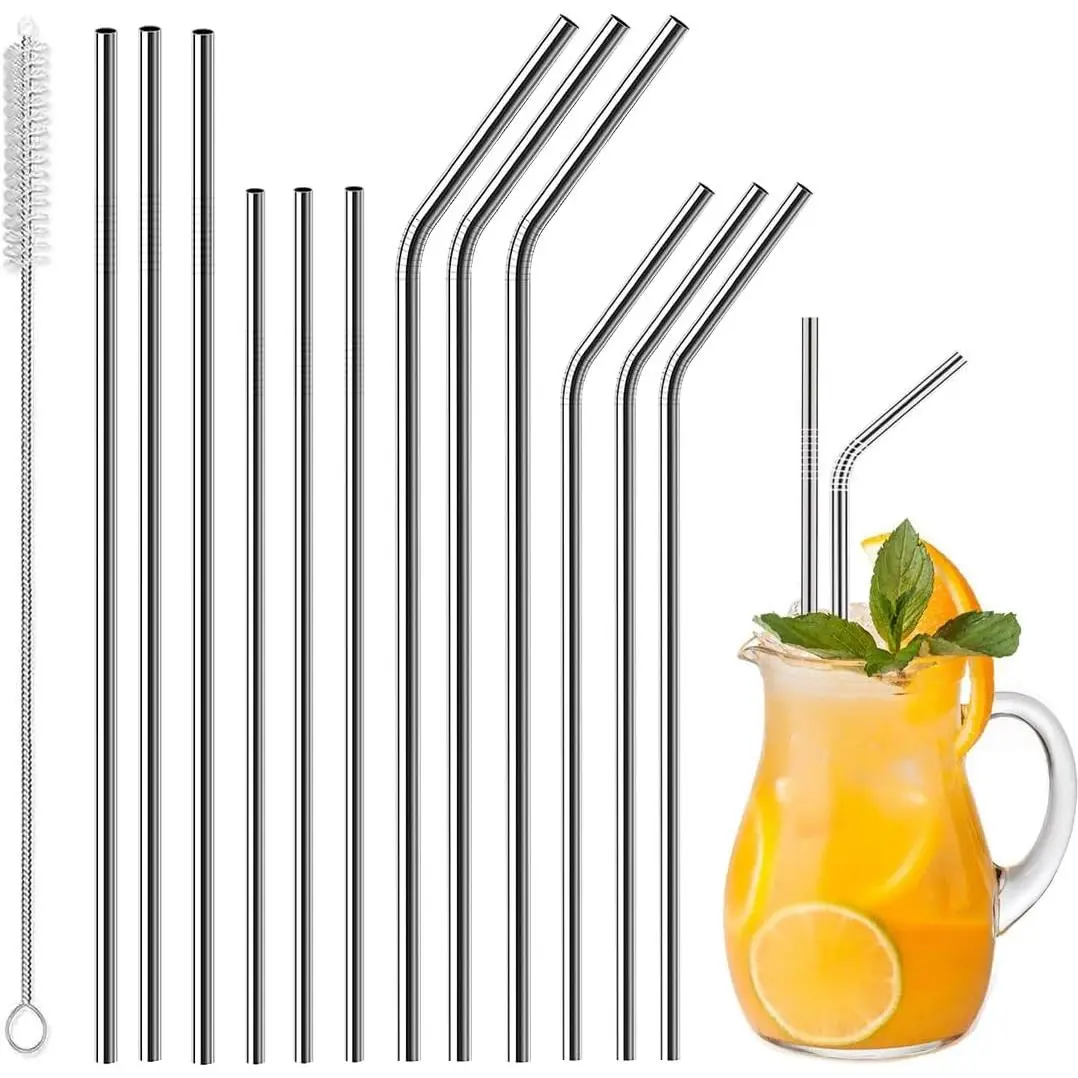 Stainless Steel Straws , 12 Pack 8.5" & 10.5" Metal Straws 0.24" for 20 oz - 32 oz Tumblers, Long Drinking Straws with Cleaning Brush for Coffee, Juice,  and Hot Drinks